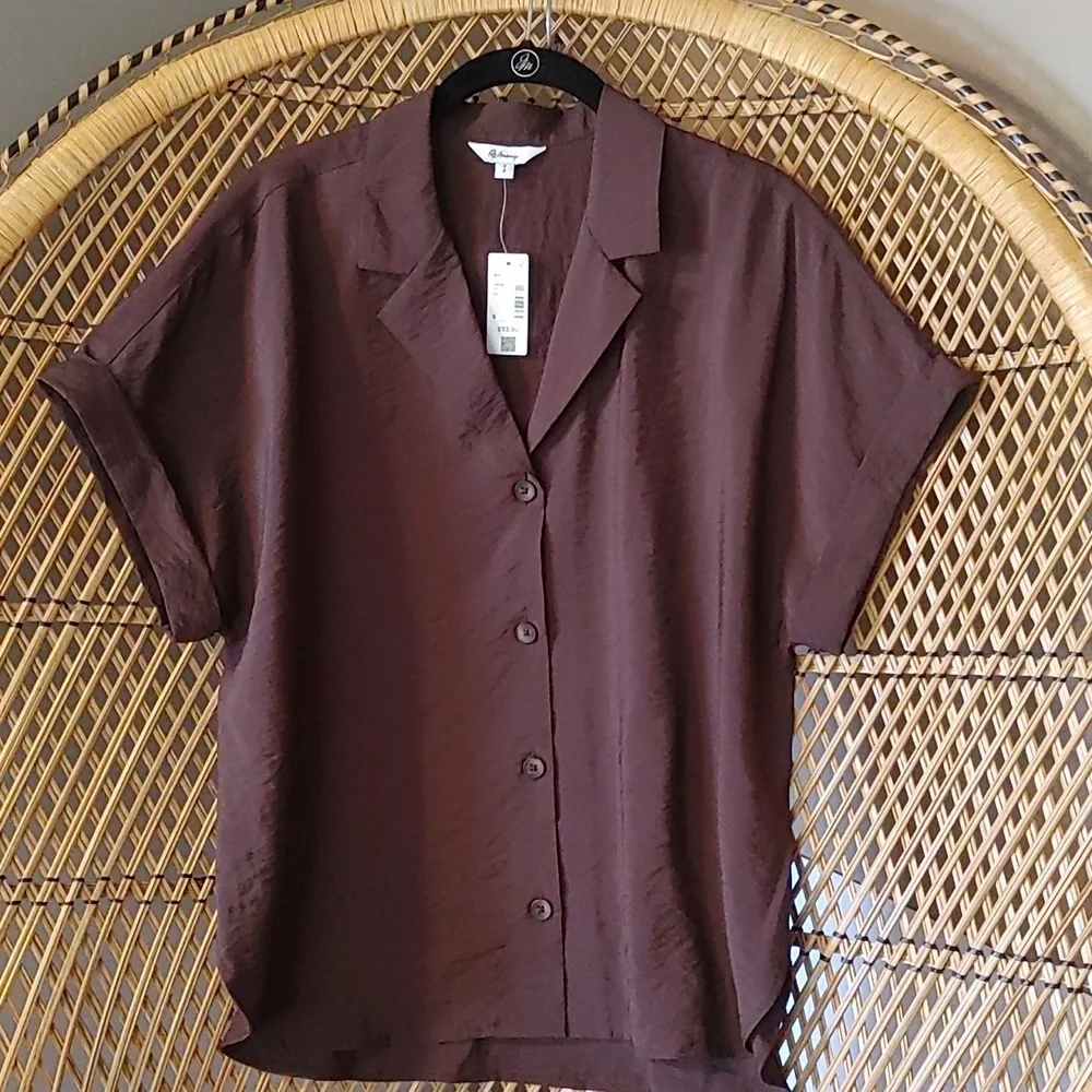 Women's Brown Notched Collar Button Down Top Size Small - Picture 5 of 12